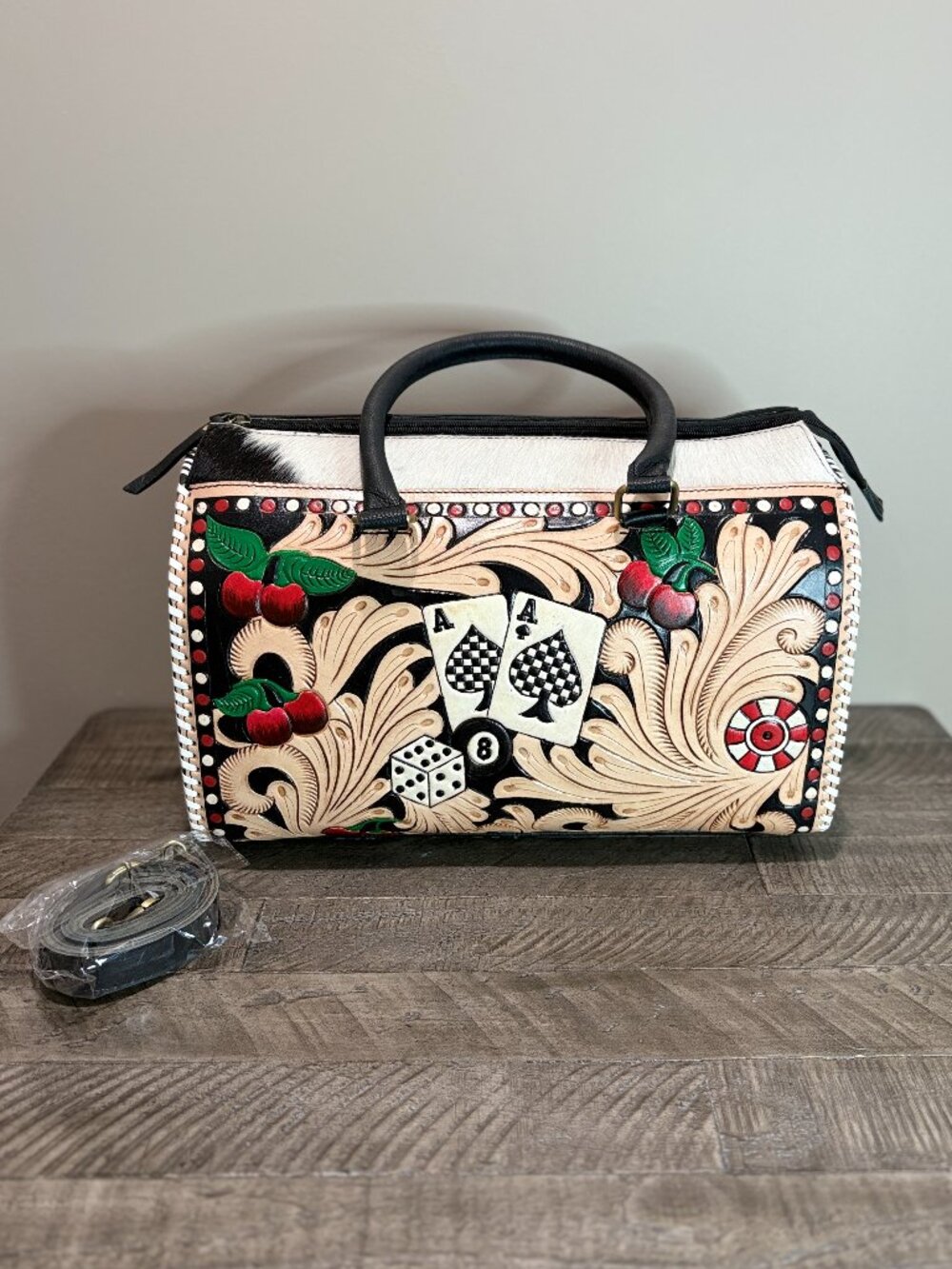 Hand Painted Tooled Leather Large Satchel Barrel Bag Cowhide Leather